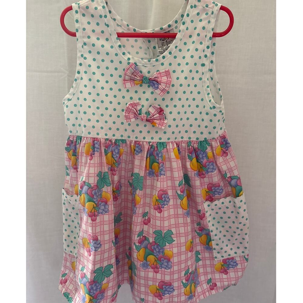 Cuties by Judy Vintage Girls Dress Fruit Polka Dot Print Bow Accents Size 6